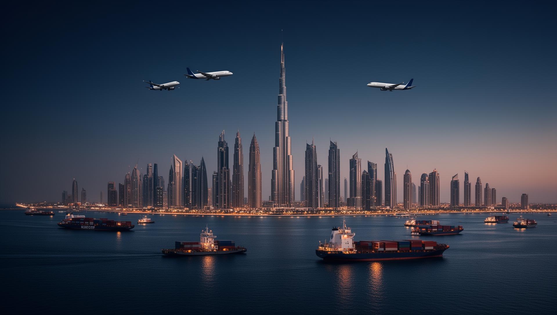 A view of the Dubai skyline with cargo ships visible in the distance.
